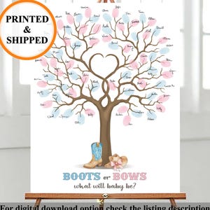 May include: A white sign with a brown tree design, blue and pink fingerprints, and the text "BOOTS or BOWS what will baby be?". A blue cowboy boot and a tan cowboy hat are at the bottom. The sign is on an easel.
