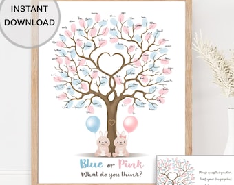 May include: A framed print featuring a tree design with pink and blue fingerprints, a heart-shaped crown, and two bunny characters holding balloons. The text "Blue or Pink, What do you think?" is at the bottom. The words "Instant Download" are in the upper left corner.