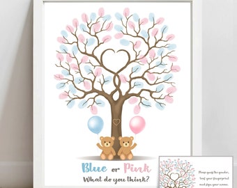 Bear gender reveal tree fingerprint guest book, blue or pink he or she guestbook, printable balloon baby gender guess sign, INSTANT DOWNLOAD