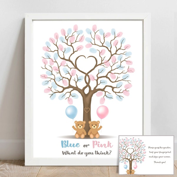 Bear gender reveal tree fingerprint guest book, blue or pink he or she guestbook, printable balloon baby gender guess sign, INSTANT DOWNLOAD