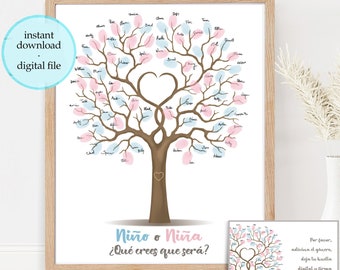 SPANISH Niño o Niña Gender reveal tree fingerprint guest book, he or she baby shower guestbook, printable baby gender guess INSTANT DOWNLOAD