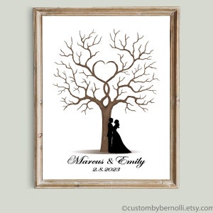 Alternativa para livro de visitas de casamento, livro de visitas personalizado com impressão digital, presente de árvore com silhueta de casal para impressão digital, decoração para festa