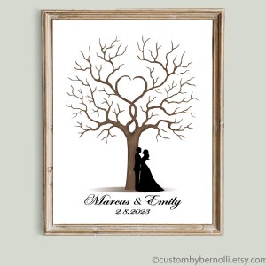 Wedding Guest Book Alternative, Personalized Fingerprint Guestbook, Custom Thumbprint Tree Gift with Couple Silhouette PRINTABLE Party Decor