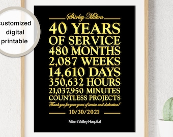 Personalized Work Anniversary Gift 40 Years or Any Year of Service Custom Thank You Gift for Worker Employee Retirement Party Sign Printable