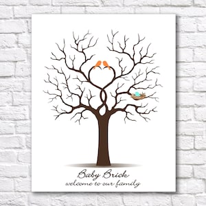 Custom Baby Shower Guest Book Ideas, Personalized Fingerprint Tree with Birds, PRINTABLE Babyshower, Birthday, Baptism Guestbook Alternative