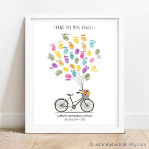 Cadeau de remerciement pour enseignant, cadeau personnalisé pour enseignant, cadeau d'empreintes digitales pour enseignant avec vélo et ballons, préscolaire de fin d'année, imprimable