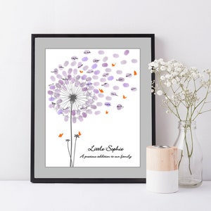A white card with a black and white dandelion illustration. The dandelion has orange butterflies flying away from it. The text reads "Little Sophie A precious addition to our family."
Baby Shower Guest Book Alternative with Butterflies, Personalized Fingerprint Guest Book Dandelion Thumbprint Guestbook with Instruction Card, Custom Babyshower Baby Girl Boy or Gender Neutral PRINTABLE Wall Art Digital Finger Print Nursery Keepsake Thumb Gift for Mom-to-be or Gender Reveal Party Game.