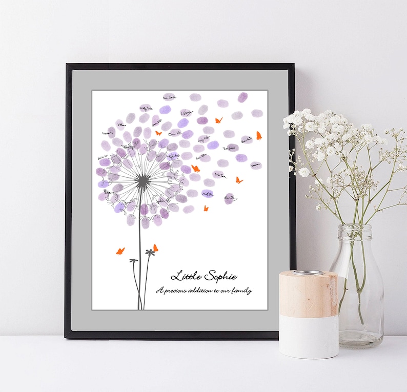 A white card with a black and white dandelion illustration. The dandelion has orange butterflies flying away from it. The text reads "Little Sophie A precious addition to our family."
Baby Shower Guest Book Alternative with Butterflies, Personalized Fingerprint Guest Book Dandelion Thumbprint Guestbook with Instruction Card, Custom Babyshower Baby Girl Boy or Gender Neutral PRINTABLE Wall Art Digital Finger Print Nursery Keepsake Thumb Gift for Mom-to-be or Gender Reveal Party Game.