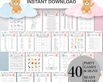Gender Reveal Games Bundle with Baby Teddy Bears and Blue Pink Balloons, Gender Reveal Party Game Printable He or She Guess INSTANT DOWNLOAD