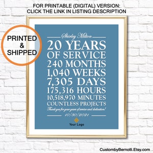 Personalized 20 Year or ANY YEAR Work Anniversary PRINT 20 Years of Service Thank You Gift for Worker Custom Employee Retirement Party Gift