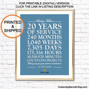 Personalized 20 Year Work Anniversary PRINT 20 Years of Service, Thank You Gift for Worker 10 15 25 30 35 40 45 50 ANY YEAR Retirement Party