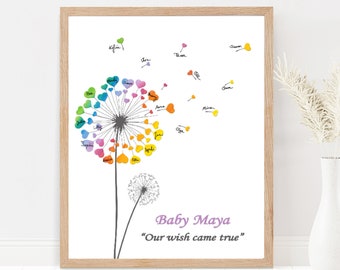 Baby Shower Guest Book  with Dandelion Rainbow Hearts, Personalized Guestbook Ideas, Custom Babyshower Girl Boy Birthday PRINTABLE Wall Art