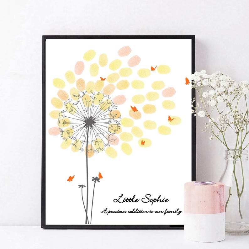A white card with a black and white dandelion illustration. The dandelion has orange butterflies flying away from it. The text reads "Little Sophie A precious addition to our family."
Baby Shower Guest Book Alternative with Butterflies, Personalized Fingerprint Guest Book Dandelion Thumbprint Guestbook with Instruction Card, Custom Babyshower Baby Girl Boy or Gender Neutral PRINTABLE Wall Art Digital Finger Print Nursery Keepsake Thumb Gift for Mom-to-be or Gender Reveal Party Game.