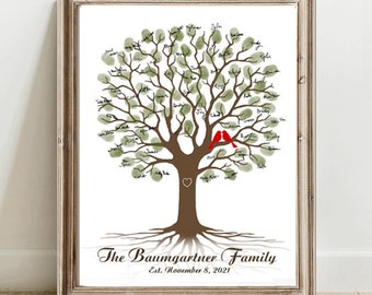 Árbol genealógico personalizado, arte de pared imprimible, impresión de árbol con huellas dactilares, libro de visitas con huella dactilar, regalo para mamá, papá, madre, abuela