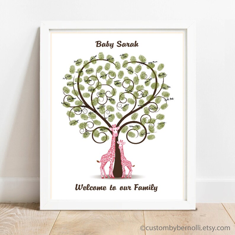 Baby Shower Guest Book Alternative, Pink Giraffe Fingerprint Guestbook, First Birthday Thumbprint Tree, Custom Babyshower Wall Art PRINTABLE image 6