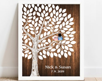 Rustic Wedding Guest Book Print, Printable Guestbook Ideas, Personalized Guestbook Tree Owl bride and groom Custom Digital Party Decor
