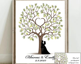 Wedding Guest Book Alternative, Personalized Fingerprint Guestbook, Custom Thumbprint Tree Gift with Couple Silhouette PRINTABLE Party Decor