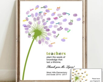 End of year teacher gift, personalized teacher appreciation gift for teacher thank you gift fingerprint tree, dandelion custom guest book