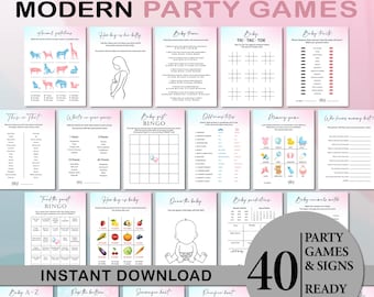 Paquete de juegos modernos para revelar el género del bebé, tarjeta imprimible minimalista para fiesta de revelación de género del bebé, descarga instantánea.