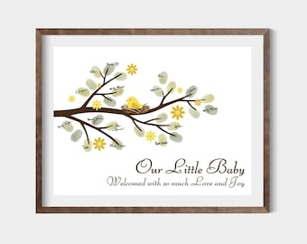 Baby Shower Guest Book, Bird Fingerprint Tree Thumbprint Babyshower Guestbook Nursery Wall Art Party Gift, EDITABLE Text, INSTANT DOWNLOAD