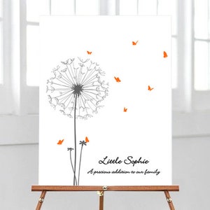A white card with a black and white dandelion illustration. The dandelion has orange butterflies flying away from it. The text reads "Little Sophie A precious addition to our family."
Baby Shower Guest Book Alternative with Butterflies, Personalized Fingerprint Guest Book Dandelion Thumbprint Guestbook with Instruction Card, Custom Babyshower Baby Girl Boy or Gender Neutral PRINTABLE Wall Art Digital Finger Print Nursery Keepsake Thumb Gift for Mom-to-be or Gender Reveal Party Game.