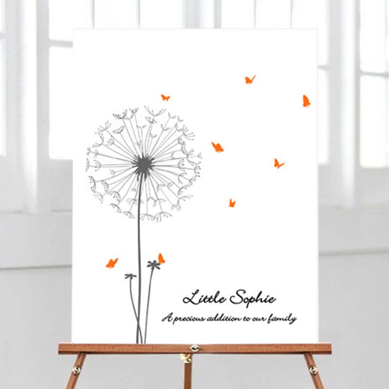 A white card with a black and white dandelion illustration. The dandelion has orange butterflies flying away from it. The text reads "Little Sophie A precious addition to our family."
Baby Shower Guest Book Alternative with Butterflies, Personalized Fingerprint Guest Book Dandelion Thumbprint Guestbook with Instruction Card, Custom Babyshower Baby Girl Boy or Gender Neutral PRINTABLE Wall Art Digital Finger Print Nursery Keepsake Thumb Gift for Mom-to-be or Gender Reveal Party Game.