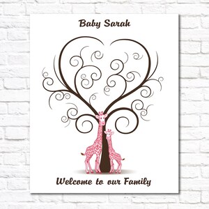 Baby Shower Guest Book Alternative, Pink Giraffe Fingerprint Guestbook, First Birthday Thumbprint Tree, Custom Babyshower Wall Art PRINTABLE image 2