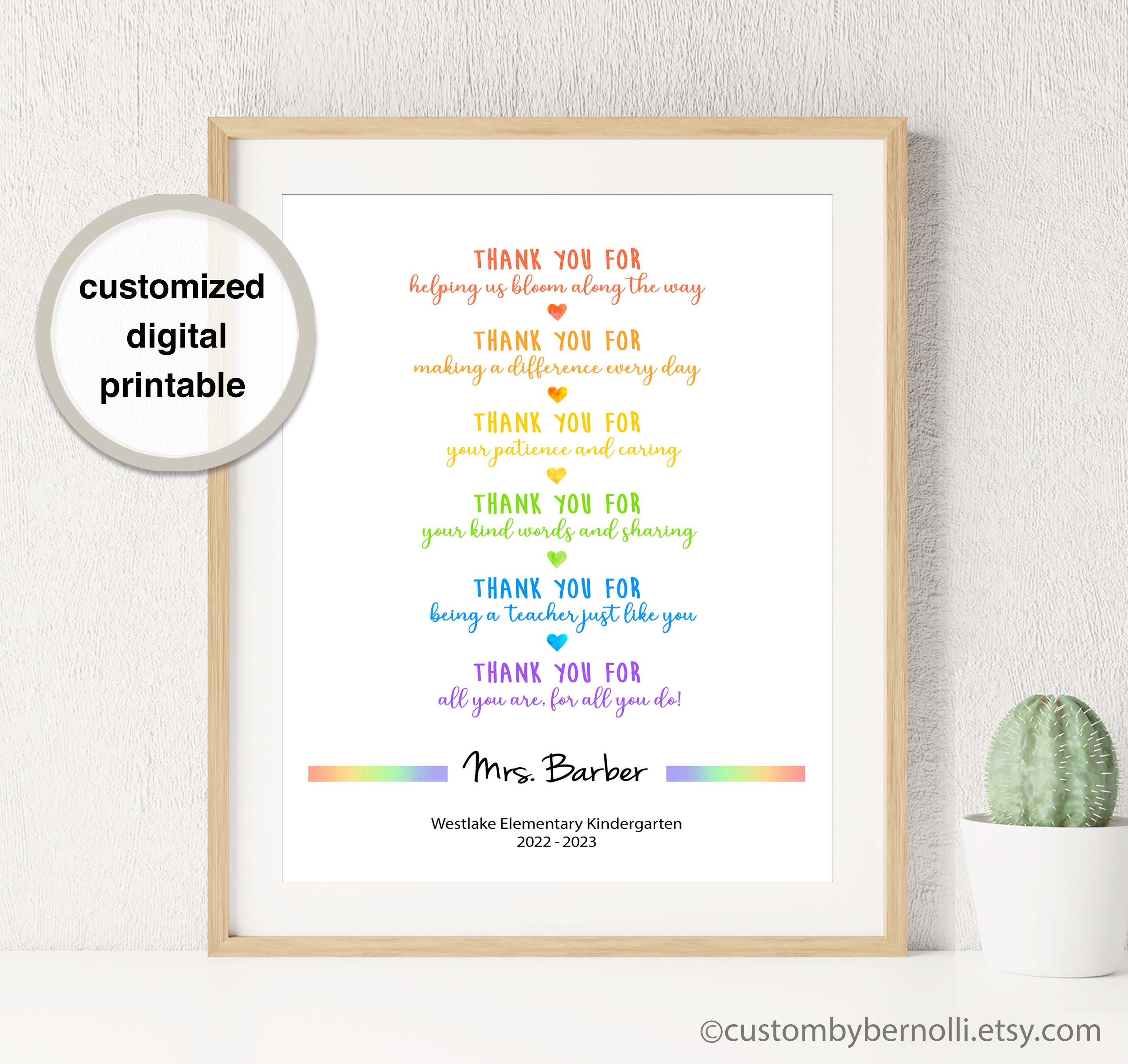 Custom Teacher Gift, Rainbow Teacher Appreciation Gift, End of Year ...