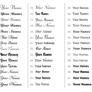 Peut inclure: Une image en noir et blanc avec une liste de num&eacute;ros de 1 &agrave; 42, chacun suivi du texte "Your Names". Le texte est &eacute;crit en cursive.