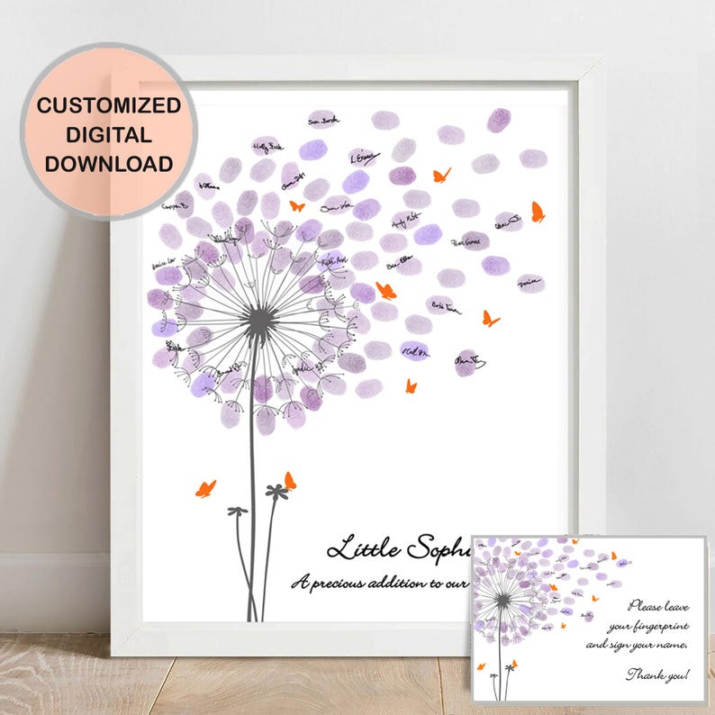 A white card with a black and white dandelion illustration. The dandelion has orange butterflies flying away from it. The text reads "Little Sophie A precious addition to our family."
Baby Shower Guest Book Alternative with Butterflies, Personalized Fingerprint Guest Book Dandelion Thumbprint Guestbook with Instruction Card, Custom Babyshower Baby Girl Boy or Gender Neutral PRINTABLE Wall Art Digital Finger Print Nursery Keepsake Thumb Gift for Mom-to-be or Gender Reveal Party Game.