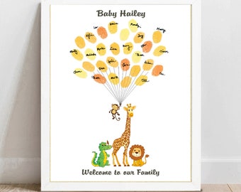 Safari Baby Shower Guest Book Alternative, Fingerprint Babyshower, Jungle Thumbprint Guestbook Print Crocodile Lion Giraffe Monkey PRINTABLE