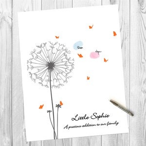 A white card with a black and white dandelion illustration. The dandelion has orange butterflies flying away from it. The text reads "Little Sophie A precious addition to our family."
Baby Shower Guest Book Alternative with Butterflies, Personalized Fingerprint Guest Book Dandelion Thumbprint Guestbook with Instruction Card, Custom Babyshower Baby Girl Boy or Gender Neutral PRINTABLE Wall Art Digital Finger Print Nursery Keepsake Thumb Gift for Mom-to-be or Gender Reveal Party Game.