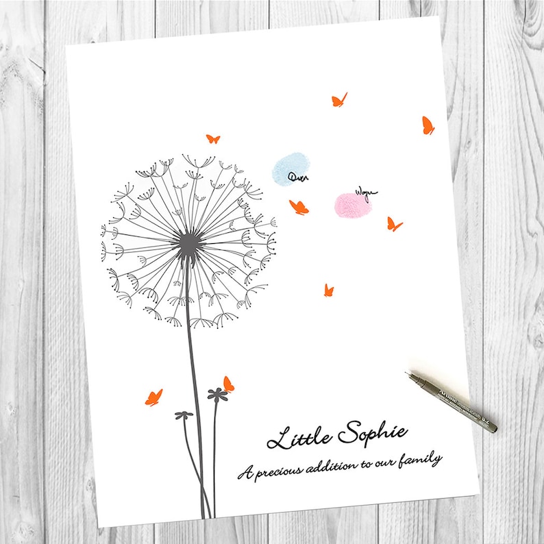 A white card with a black and white dandelion illustration. The dandelion has orange butterflies flying away from it. The text reads "Little Sophie A precious addition to our family."
Baby Shower Guest Book Alternative with Butterflies, Personalized Fingerprint Guest Book Dandelion Thumbprint Guestbook with Instruction Card, Custom Babyshower Baby Girl Boy or Gender Neutral PRINTABLE Wall Art Digital Finger Print Nursery Keepsake Thumb Gift for Mom-to-be or Gender Reveal Party Game.