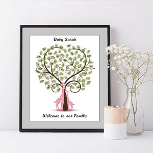 Baby Shower Guest Book Alternative, Pink Giraffe Fingerprint Guestbook, First Birthday Thumbprint Tree, Custom Babyshower Wall Art PRINTABLE image 4