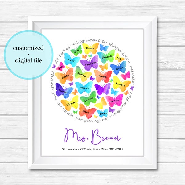 Teacher Appreciation Gift, Rainbow Butterfly Custom Teacher Gift, Personalized End of Year Thank You Gift from Class from Student, PRINTABLE