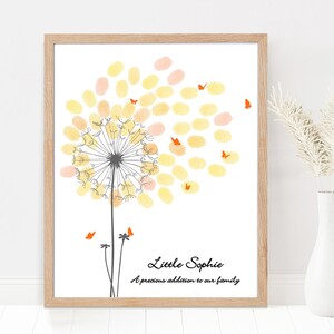 A white card with a black and white dandelion illustration. The dandelion has orange butterflies flying away from it. The text reads "Little Sophie A precious addition to our family."
Baby Shower Guest Book Alternative with Butterflies, Personalized Fingerprint Guest Book Dandelion Thumbprint Guestbook with Instruction Card, Custom Babyshower Baby Girl Boy or Gender Neutral PRINTABLE Wall Art Digital Finger Print Nursery Keepsake Thumb Gift for Mom-to-be or Gender Reveal Party Game.