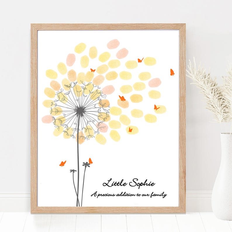 A white card with a black and white dandelion illustration. The dandelion has orange butterflies flying away from it. The text reads "Little Sophie A precious addition to our family."
Baby Shower Guest Book Alternative with Butterflies, Personalized Fingerprint Guest Book Dandelion Thumbprint Guestbook with Instruction Card, Custom Babyshower Baby Girl Boy or Gender Neutral PRINTABLE Wall Art Digital Finger Print Nursery Keepsake Thumb Gift for Mom-to-be or Gender Reveal Party Game.
