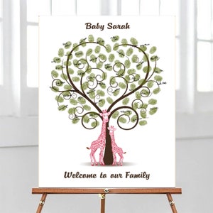 Baby Shower Guest Book Alternative, Pink Giraffe Fingerprint Guestbook, First Birthday Thumbprint Tree, Custom Babyshower Wall Art PRINTABLE image 5