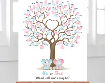 Gender Reveal Fingerprint Tree Guest Book | Baby Shower Bear Pig Theme Keepsake | Ink Pad Canvas Guest Signing