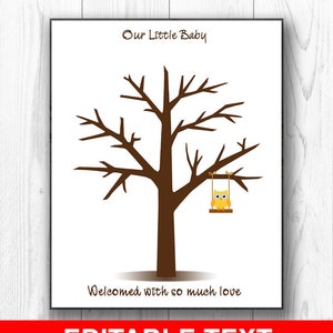 Owl Baby Shower Fingerprint Guest Book Alternative, Baby Shower Guestbook Thumbprint Tree Swing Babyshower Fingerprint Tree, EDITABLE Text