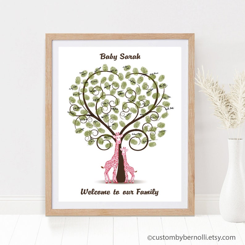 Baby Shower Guest Book Alternative, Pink Giraffe Fingerprint Guestbook, First Birthday Thumbprint Tree, Custom Babyshower Wall Art PRINTABLE image 1