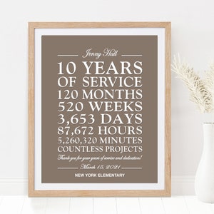Personalized 10 Year Work Anniversary Print, Custom 10 Years of Service or Any Year Worker Thank You Gift for Employee Recognition Printable