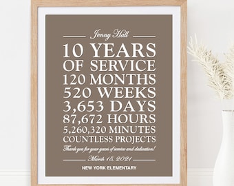 Personalized 10 Year Work Anniversary Print, Custom 10 Years of Service or Any Year Worker Thank You Gift for Employee Recognition Printable