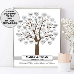 25th Anniversary Gift for Parents Silver Heart Tree, 25th Wedding or Any Year Anniversary Sign, Personalized EDITABLE Print INSTANT DOWNLOAD