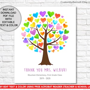 DOWNLOAD IMMEDIATO Regalo di apprezzamento per l'insegnante, Albero del cuore arcobaleno, Regalo personalizzato per l'insegnante, Regalo di ringraziamento per l'insegnante di fine anno, MODIFICABILE