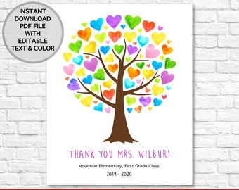 INSTANT DOWNLOAD Teacher Appreciation Gift, Rainbow Heart Tree, Personalized Teacher Gift, Thank You Gift for Teacher End of Year, EDITABLE