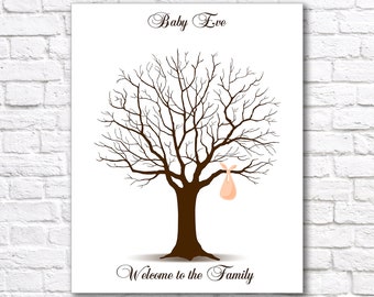 Baby Shower Guest Book Alternative, Fingerprint Tree Thumb Print Guestbook PRINTABLE, Personalized Babyshower Thumbprint Tree with Baby Sack