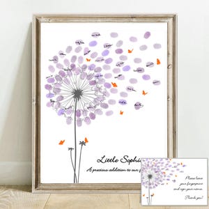 A white card with a black and white dandelion illustration. The dandelion has orange butterflies flying away from it. The text reads "Little Sophie A precious addition to our family."
Baby Shower Guest Book Alternative with Butterflies, Personalized Fingerprint Guest Book Dandelion Thumbprint Guestbook with Instruction Card, Custom Babyshower Baby Girl Boy or Gender Neutral PRINTABLE Wall Art Digital Finger Print Nursery Keepsake Thumb Gift for Mom-to-be or Gender Reveal Party Game.