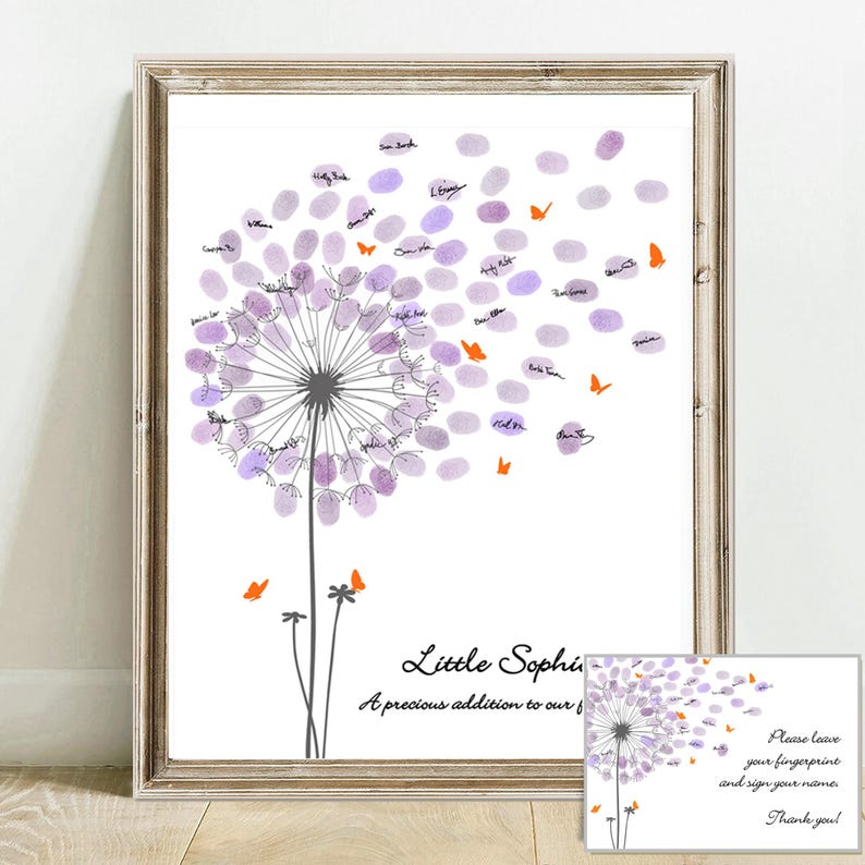 A white card with a black and white dandelion illustration. The dandelion has orange butterflies flying away from it. The text reads "Little Sophie A precious addition to our family."
Baby Shower Guest Book Alternative with Butterflies, Personalized Fingerprint Guest Book Dandelion Thumbprint Guestbook with Instruction Card, Custom Babyshower Baby Girl Boy or Gender Neutral PRINTABLE Wall Art Digital Finger Print Nursery Keepsake Thumb Gift for Mom-to-be or Gender Reveal Party Game.