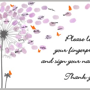 A white instruction card with a purple and gray dandelion illustration. The dandelion has orange butterflies flying away from it. The card has the text "Please leave your fingerprint and sign your name. Thank you!"
A white card with a black and white dandelion illustration. The dandelion has orange butterflies flying away from it. The text reads "Little Sophie A precious addition to our family."
Baby Shower Guest Book Alternative with Butterflies, Personalized Fingerprint Dandelion Guestbook.